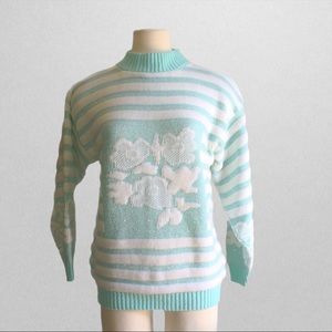 Vintage 80s pastel striped floral sweater small